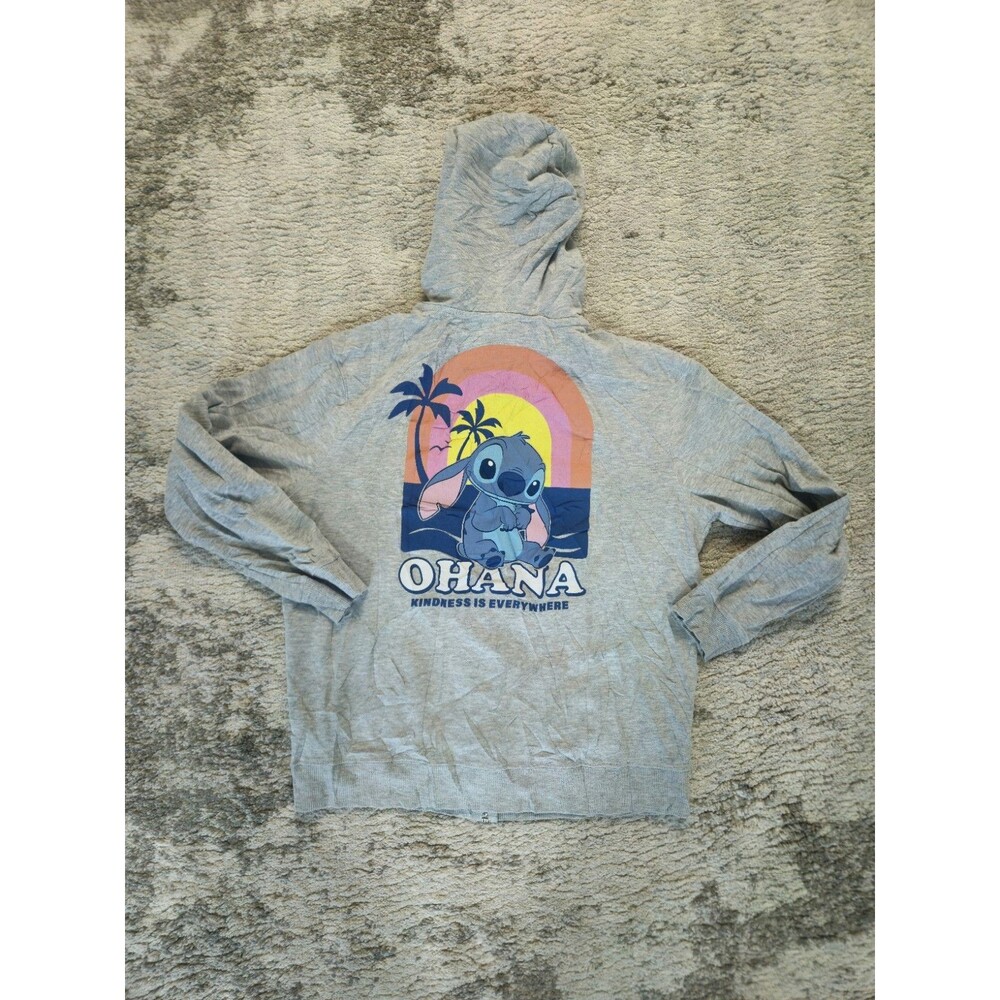 Disney Stitch Zip-Up Hoodie Gray Size M Ohana Means Family Sweatshirt